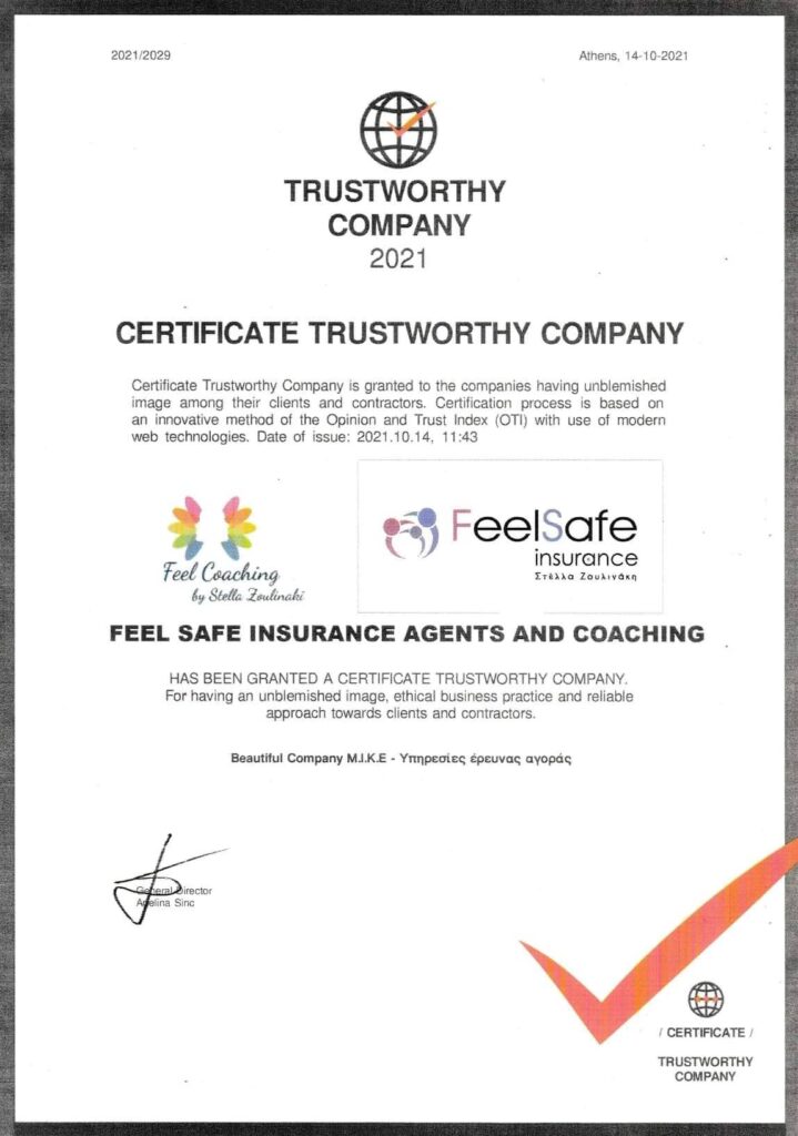 Certificate Trustworthy Company 2021: Feel Safe Insurance Agents and Coaching